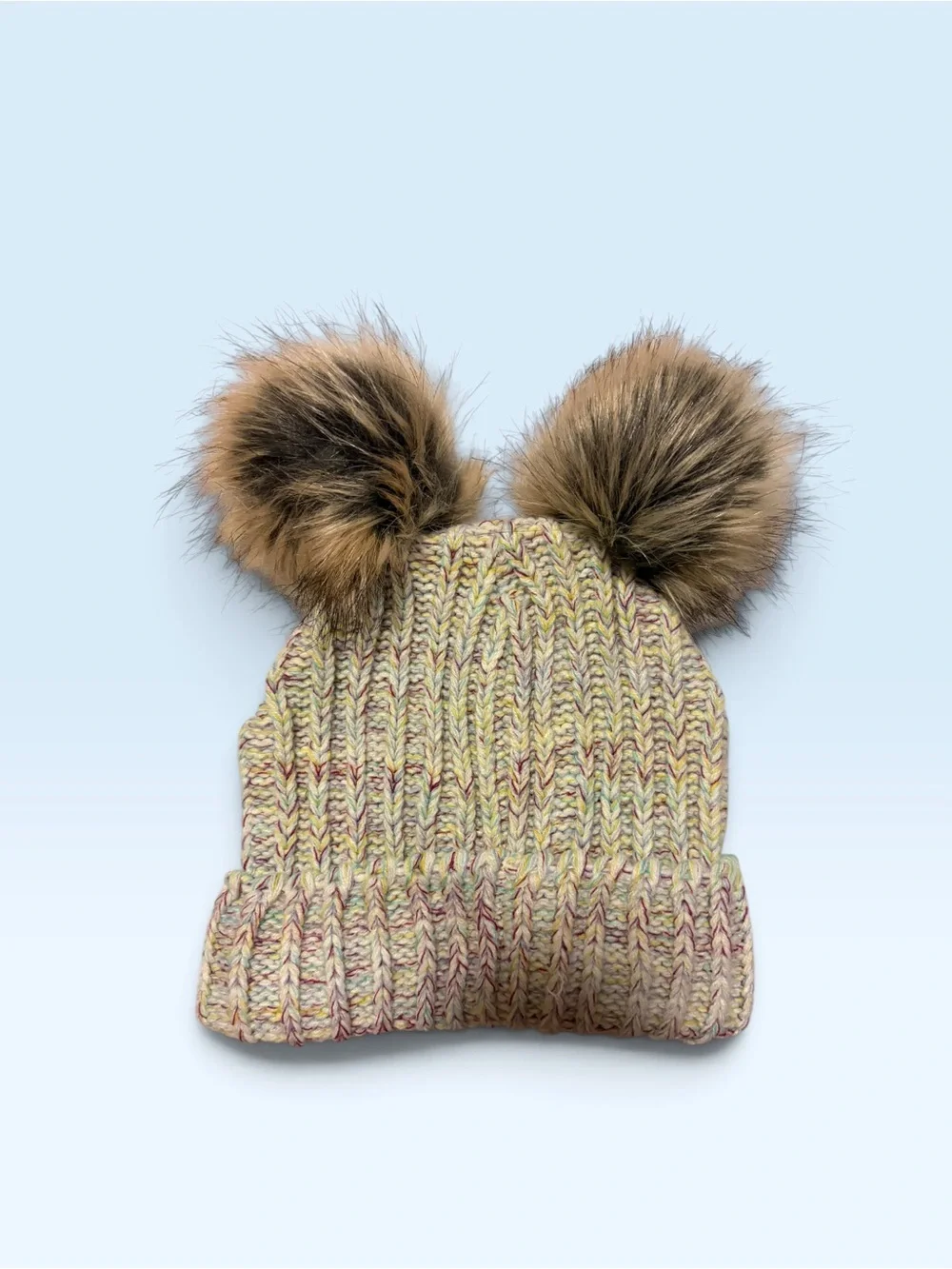 Double Pom Knit Beanie Hat - Cream Multi